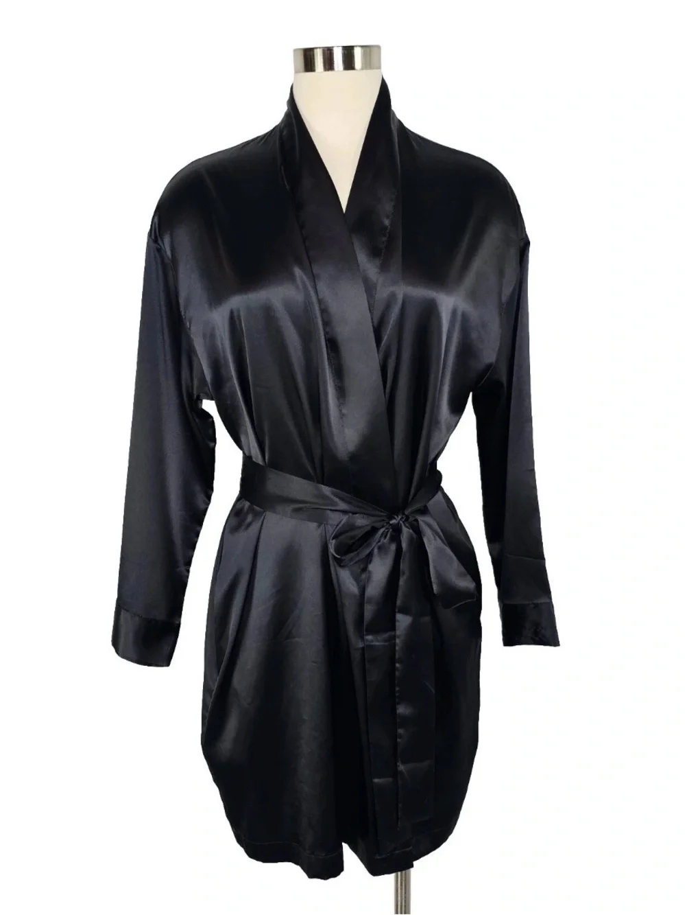 Vtg Y2K Victorias Secret Black Satin Kimono Robe OS Lingerie Romantic Sleepwear